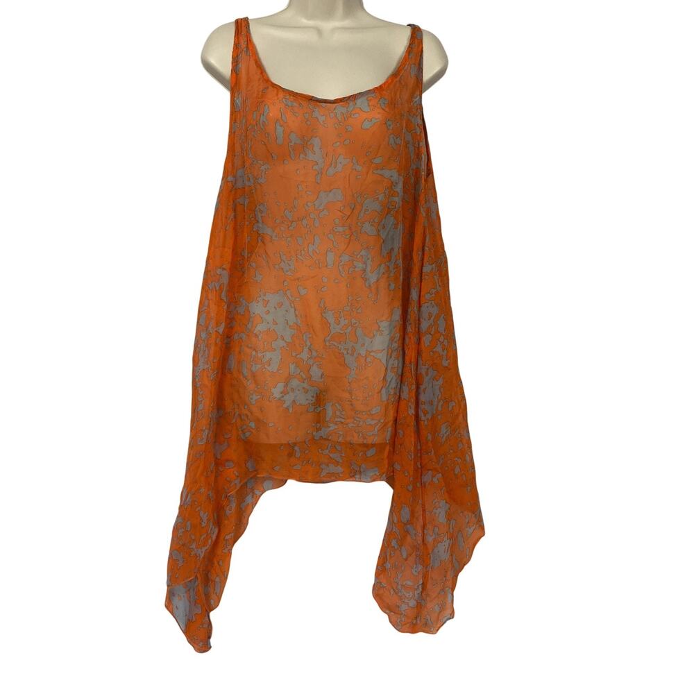 Alain Weiz Silk Top Womens 12 Large Orange Gray Sheer Cover Up Lagenlook Artsy